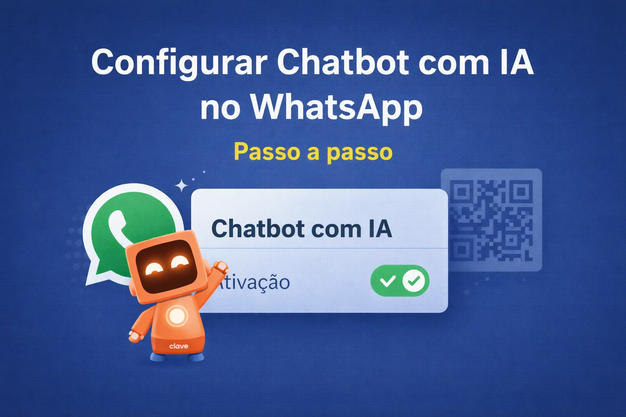 Capa do tutorial “Configurar Chatbot com IA no WhatsApp”, com ícone do WhatsApp, robô e QR Code de conexão no CRM.